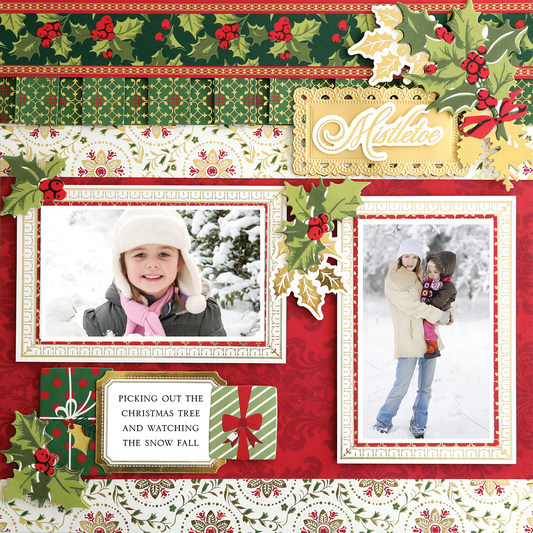 The 12x12 Scrapbook Page Christmas Presents Left showcases photos of a happy child in winterwear and a woman with a child outside, decorated with holly, gifts, and a “Mistletoe” sign. Caption: “PICKING OUT THE CHRISTMAS TREE AND WATCHING THE SNOW FALL.”.
