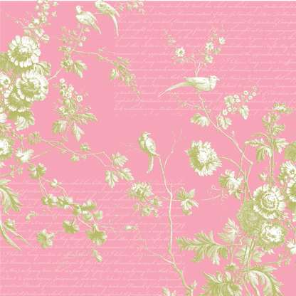 The 12x12 Antique Botanical Branches Pink Cardstock (5 sheets) features white and green birds on flowering branches with faint cursive text in the background, creating an elegant botanical design.