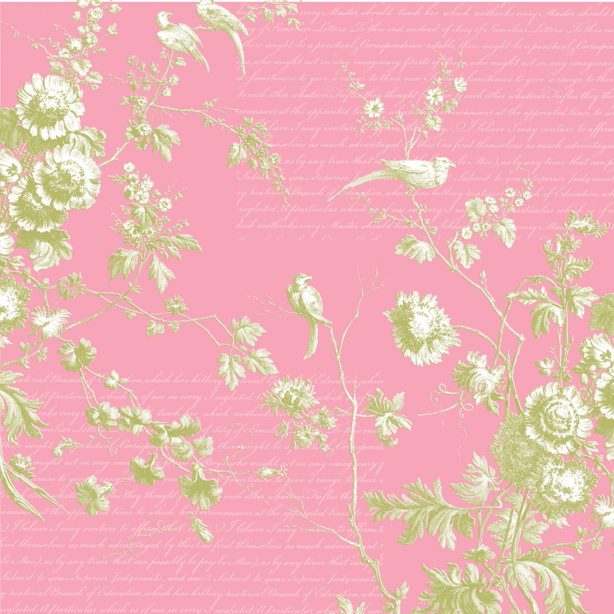 The 12x12 Antique Botanical Branches Pink Text Paper (5 sheets) features green floral vines, birds, and white handwritten script—ideal for archival use or vintage-inspired decor projects.