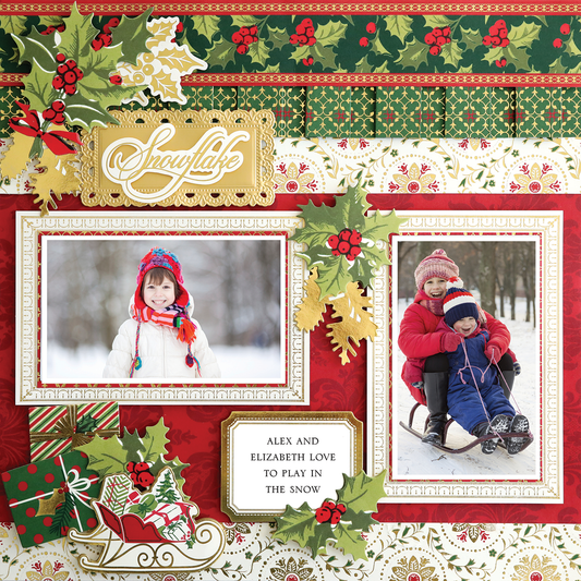The "12x12 Scrapbook Page Christmas Presents Right" is a photorealistic digital page showing two kids in winter clothing, a card saying “Alex and Elizabeth love to play in the snow,” and festive motifs like holly and presents.