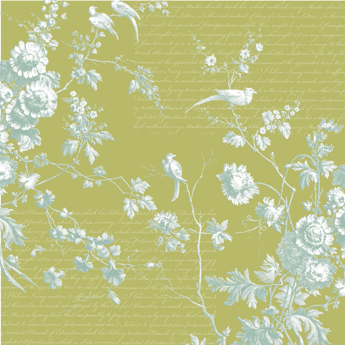The 12x12 Antique Botanical Branches Green Text Paper (5 sheets) features blue and white floral and bird toile on green with faint cursive script, inspired by antique botanical motifs—perfect for archival or double-sided text paper projects.
