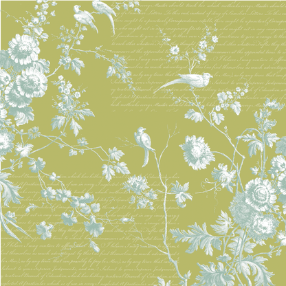 The 12x12 Antique Botanical Branches Green Text Paper (5 sheets) features blue and white floral and bird toile on green with faint cursive script, inspired by antique botanical motifs—perfect for archival or double-sided text paper projects.