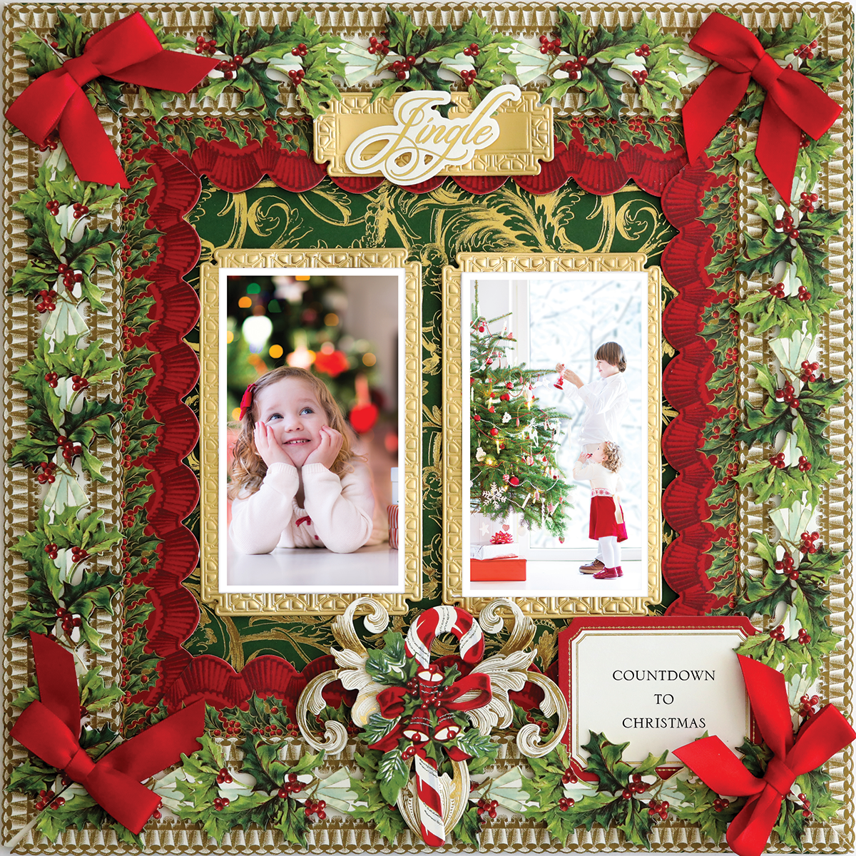 The 12x12 Scrapbook Page Christmas Square Frames Left features festive red bows, holly, gold accents, and child-and-adult tree photos with a "COUNTDOWN TO CHRISTMAS" sign—ideal for digital scrapbooking or photo-realistic paper crafting.