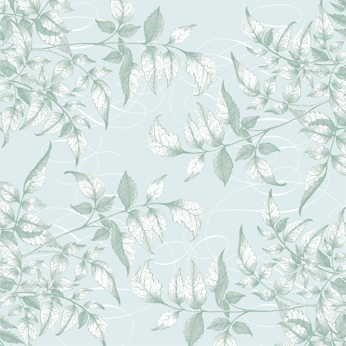 The 12x12 Antique Botanical Leaves Blue Cardstock (5 sheets) features a seamless pattern of mint green and white leaves with delicate line swirls on pale blue, perfect for archival projects.