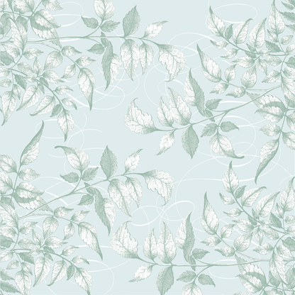 The 12x12 Antique Botanical Leaves Blue Cardstock (5 sheets) features a seamless pattern of mint green and white leaves with delicate line swirls on pale blue, perfect for archival projects.