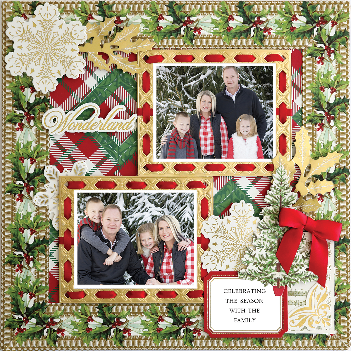 The 12x12 Scrapbook Page Christmas Square Frames Right features two family photos, holly and snowflake accents, plus "Wonderland" and "Celebrating the season with the family" in a photo realistic holiday paper crafting style.