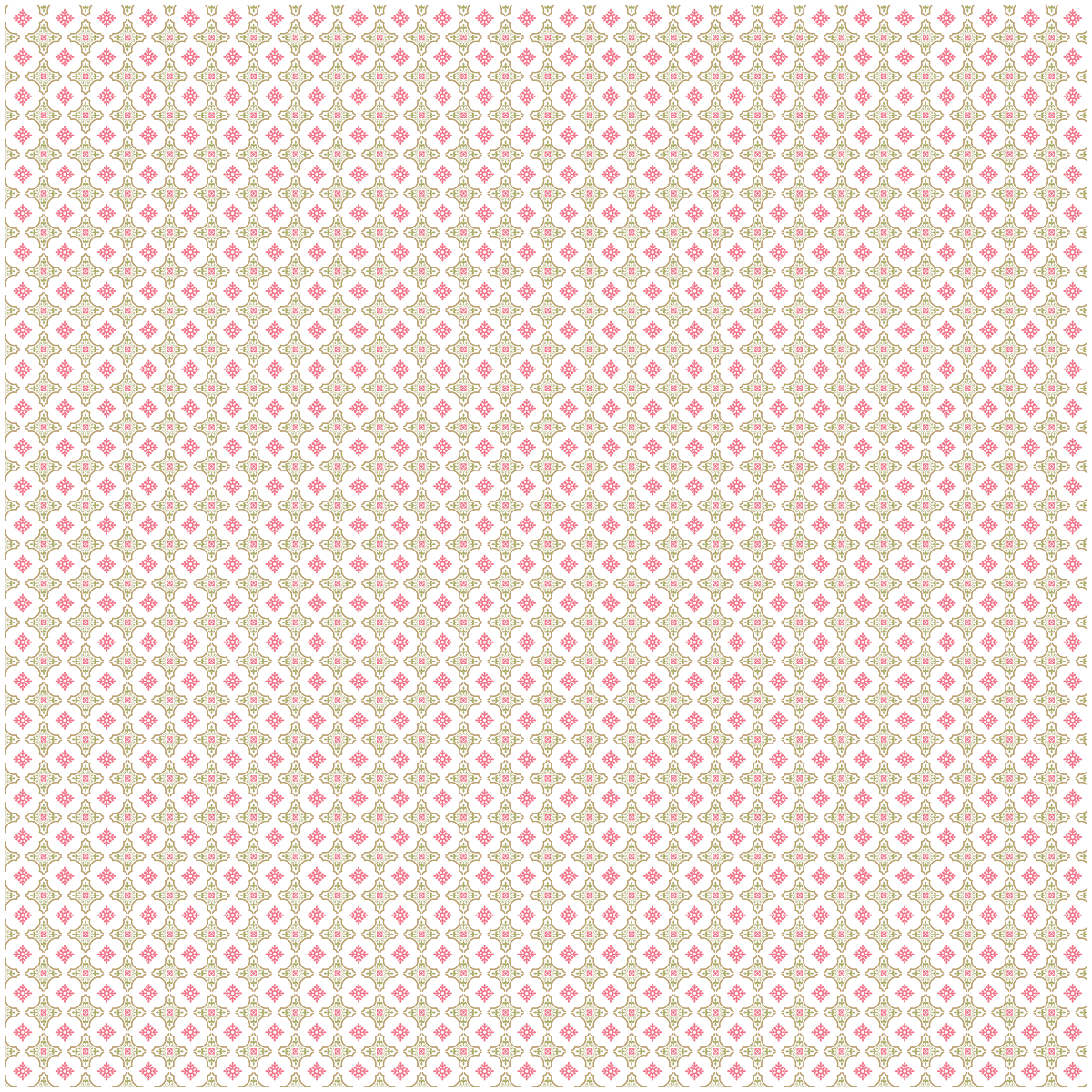12x12 Antique Botanical Leaves Green Text Paper—features a repeating pattern of small pink hearts and beige quatrefoils on a white, botanical background. Includes 5 sheets, ideal for archival or double-sided paper projects.