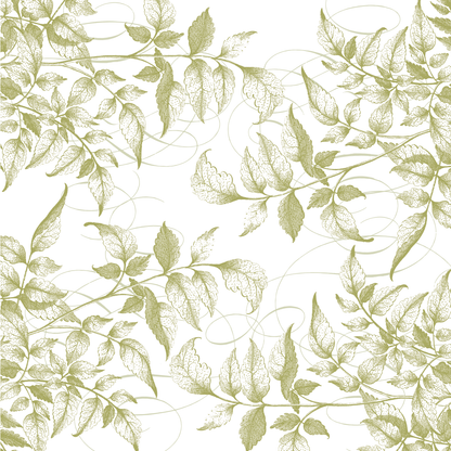 12x12 Antique Botanical Leaves Green Text Paper (5 sheets) features a seamless green leafy vine pattern with fine lines on white—perfect for archival projects or double-sided printing.