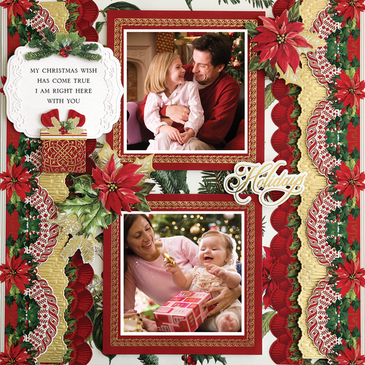 The “12x12 Scrapbook Page Christmas Vertical Garland Left” features photo realistic paper crafting with two joyful photos, poinsettias, lace accents, and festive “Holiday” text in a digital scrapbook layout.