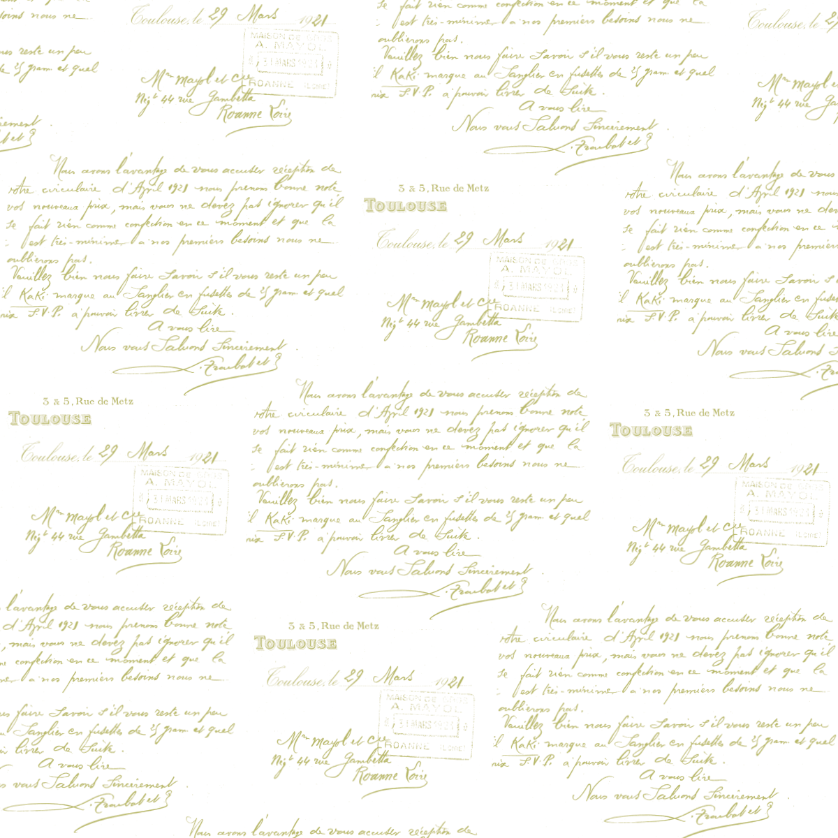 The 12x12 Antique Botanical Flowers Pink Text Paper features vintage handwritten French letters and official stamps in a seamless pattern on a pale background, perfect for archival and decorative uses. Each pack contains 5 sheets.
