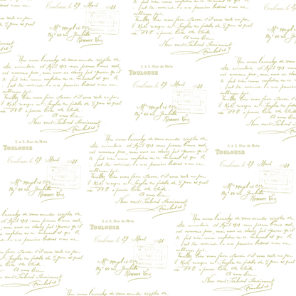 The 12x12 Antique Botanical Flowers Pink Text Paper features vintage handwritten French letters and official stamps in a seamless pattern on a pale background, perfect for archival and decorative uses. Each pack contains 5 sheets.