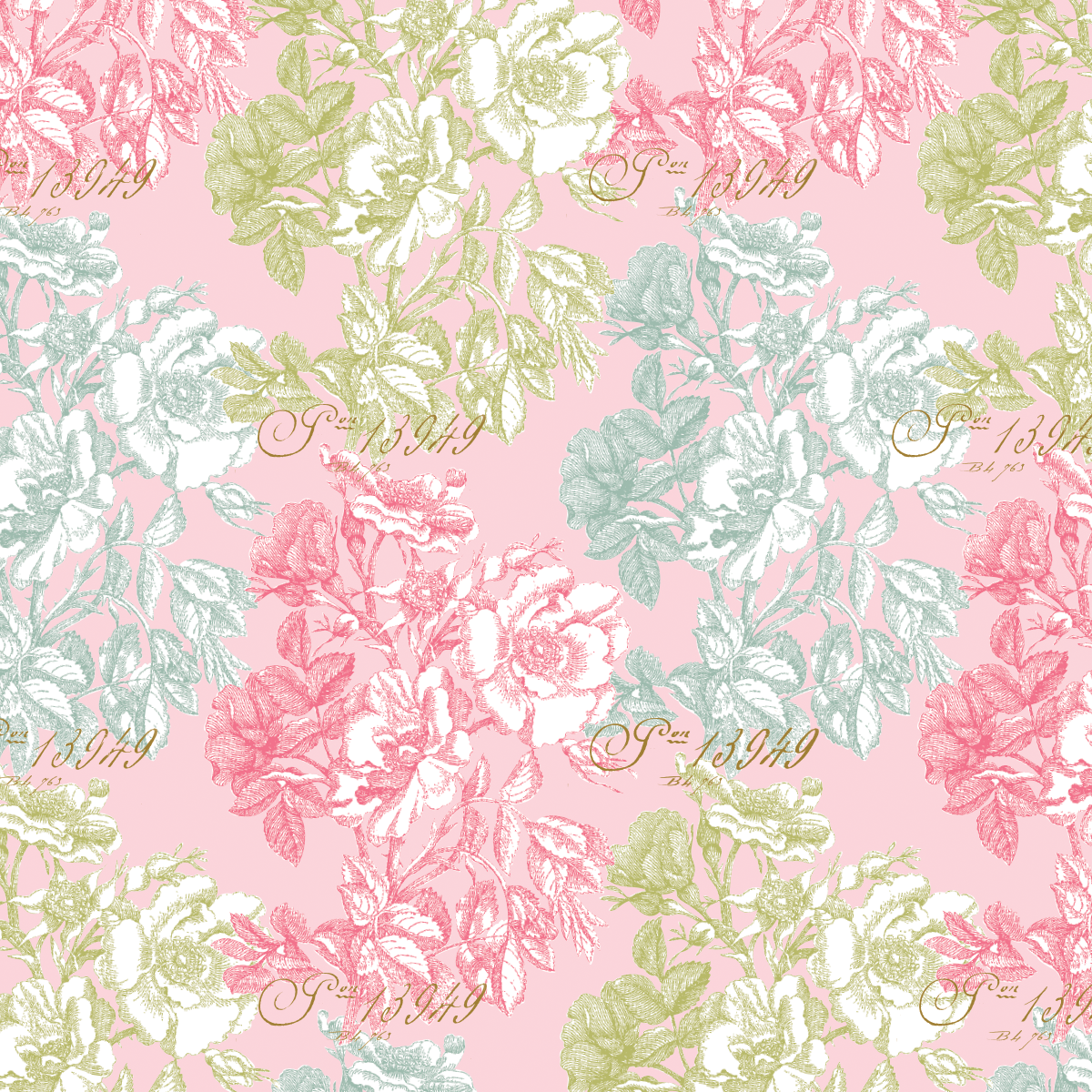 The 12x12 Antique Botanical Flowers Pink Text Paper (5 sheets) features a seamless pattern of vintage-style roses in pink, green, and blue on pale pink with cursive script—perfect for double-sided or archival use, inspired by antique botanical prints.