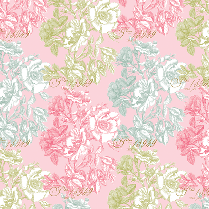 The 12x12 Antique Botanical Flowers Pink Text Paper (5 sheets) features a seamless pattern of vintage-style roses in pink, green, and blue on pale pink with cursive script—perfect for double-sided or archival use, inspired by antique botanical prints.