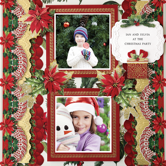 Two children pose for holiday photos with red poinsettias and gold accents, featured on the 12x12 Scrapbook Page Christmas Vertical Garland Right, complete with the text “Ian and Sylvia at the Christmas party.”.