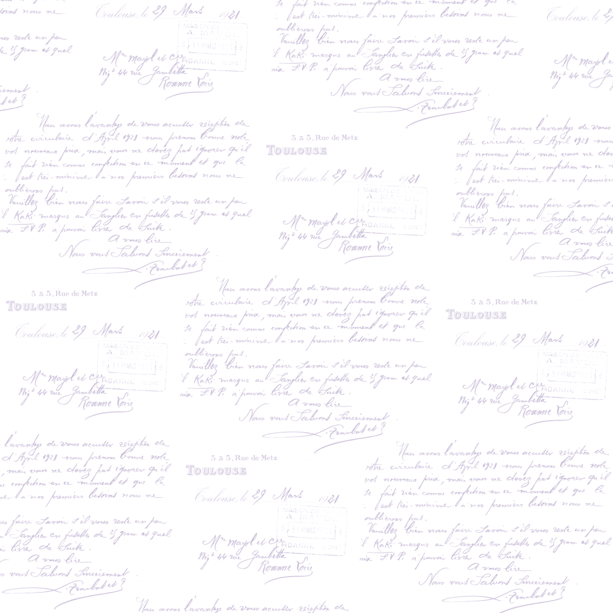 The 12x12 Antique Botanical Flowers Lavender Text Paper (5 sheets) features a seamless pattern of handwritten French letters and stamps in light purple on white, inspired by antique botanical themes—perfect for archival or double-sided text projects.