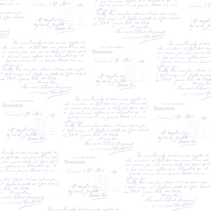 The 12x12 Antique Botanical Flowers Lavender Text Paper (5 sheets) features a seamless pattern of handwritten French letters and stamps in light purple on white, inspired by antique botanical themes—perfect for archival or double-sided text projects.