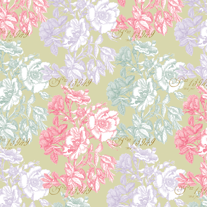 12x12 Antique Botanical Flowers Lavender Text Paper features pastel pink, lavender, and mint green florals with gold cursive "year 1919" on light olive. Includes 5 sheets—ideal for botanical or archival projects.