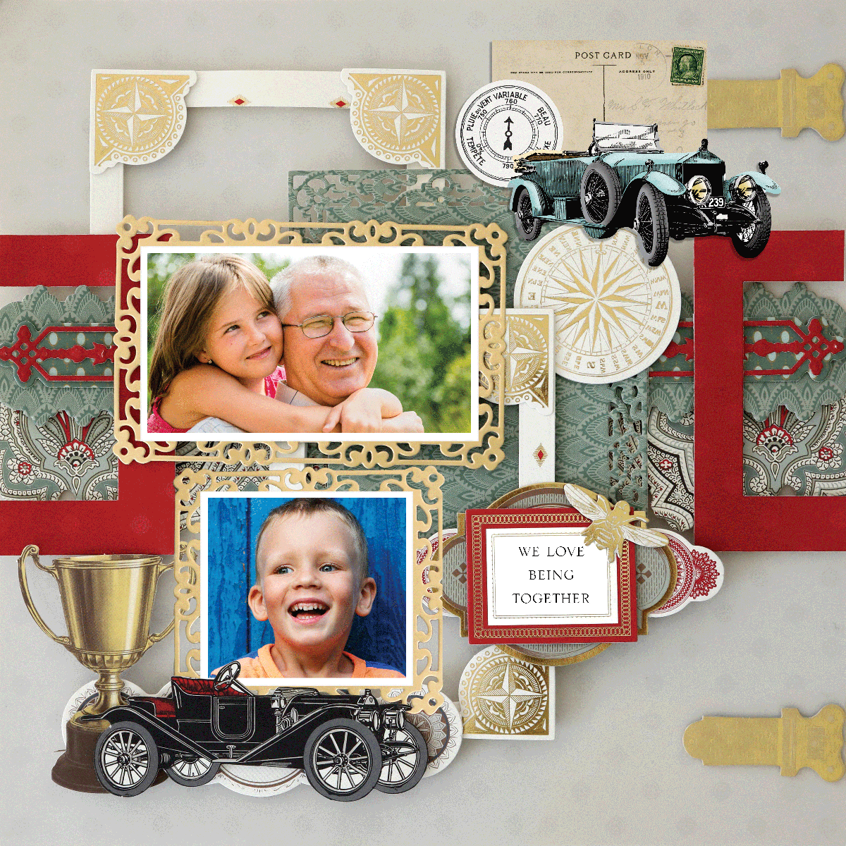 The 12x12 Scrapbook Page For Him Antique Auto Left features a photo-realistic design with vintage cars, a trophy, postcards, ornate patterns, and family photos; a label says "We love being together.