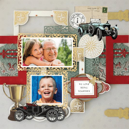 The 12x12 Scrapbook Page For Him Antique Auto Left features a photo-realistic design with vintage cars, a trophy, postcards, ornate patterns, and family photos; a label says "We love being together.