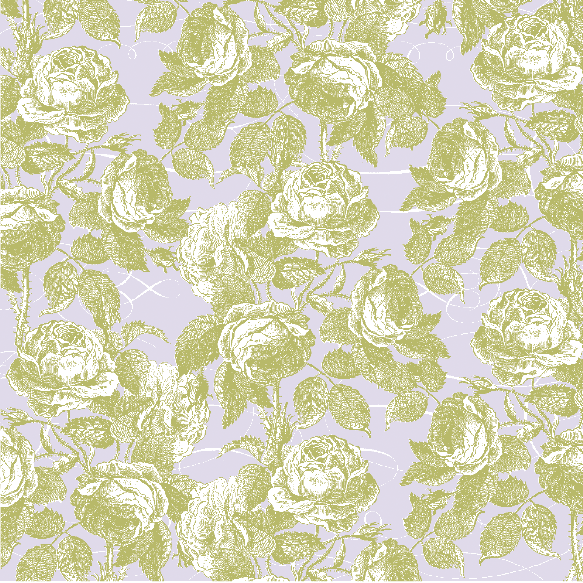 The 12x12 Antique Botanical Roses Lavender Text Paper (5 sheets) features green roses and leaves on a pale purple background in a vintage, archival-style floral pattern—perfect for double-sided text paper or keepsakes.