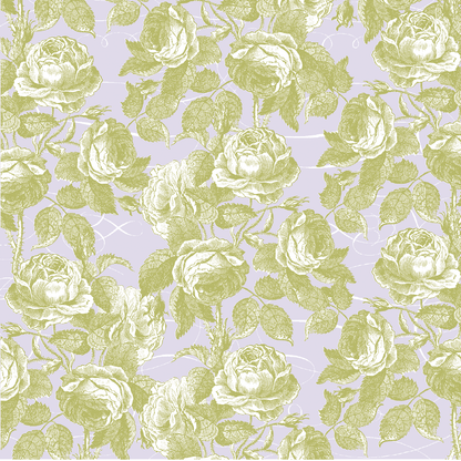 The 12x12 Antique Botanical Roses Lavender Text Paper (5 sheets) features green roses and leaves on a pale purple background in a vintage, archival-style floral pattern—perfect for double-sided text paper or keepsakes.