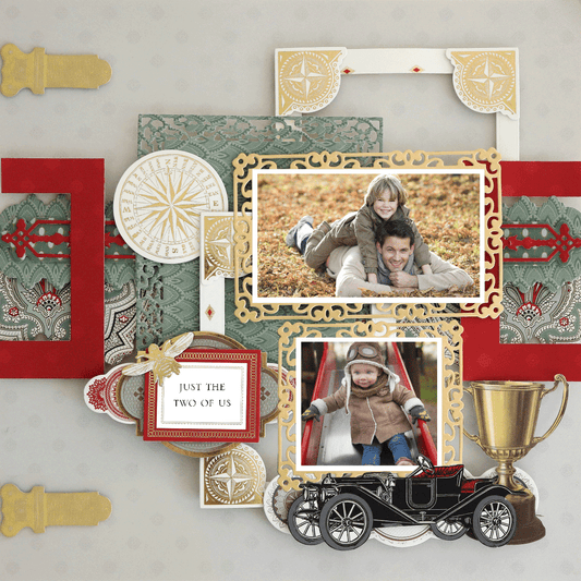 The "12x12 Scrapbook Page For Him Antique Auto Right" showcases two outdoor photos—one with a man and children playing, one of a child on a slide—enhanced by ornate frames, trophy, and vintage motifs in photorealistic paper crafting style.