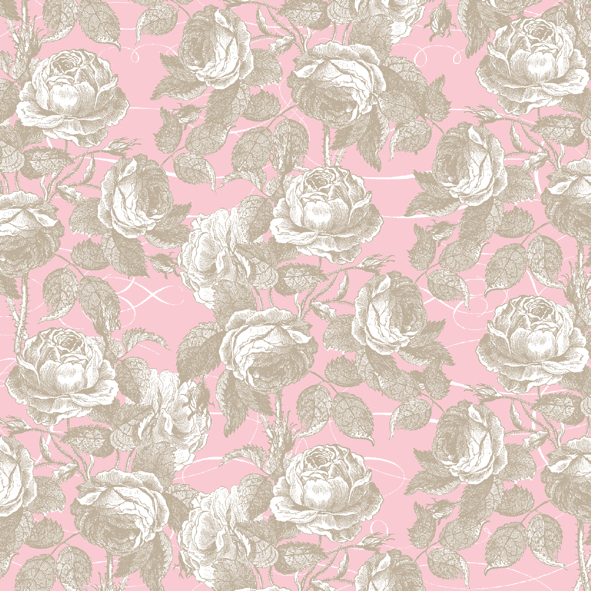 The 12x12 Antique Botanical Roses Pink Cardstock (5 sheets) features a seamless pattern of beige roses and leaves on pink with white swirls, perfect for double-sided projects or archival use.