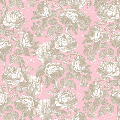The 12x12 Antique Botanical Roses Pink Cardstock (5 sheets) features a seamless pattern of beige roses and leaves on pink with white swirls, perfect for double-sided projects or archival use.