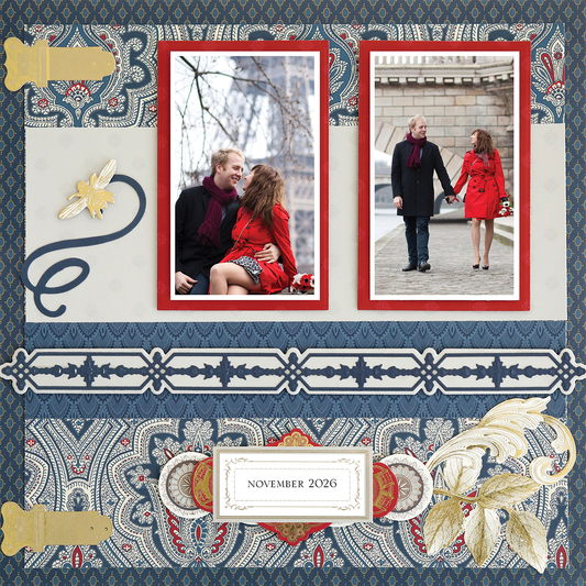 A 12x12 scrapbook page titled "For Him Blue Feather & Medallions Right" featuring two photos of a couple walking and smiling, decorated with blue feather and medallion designs, labeled "November 2026" at the bottom center.