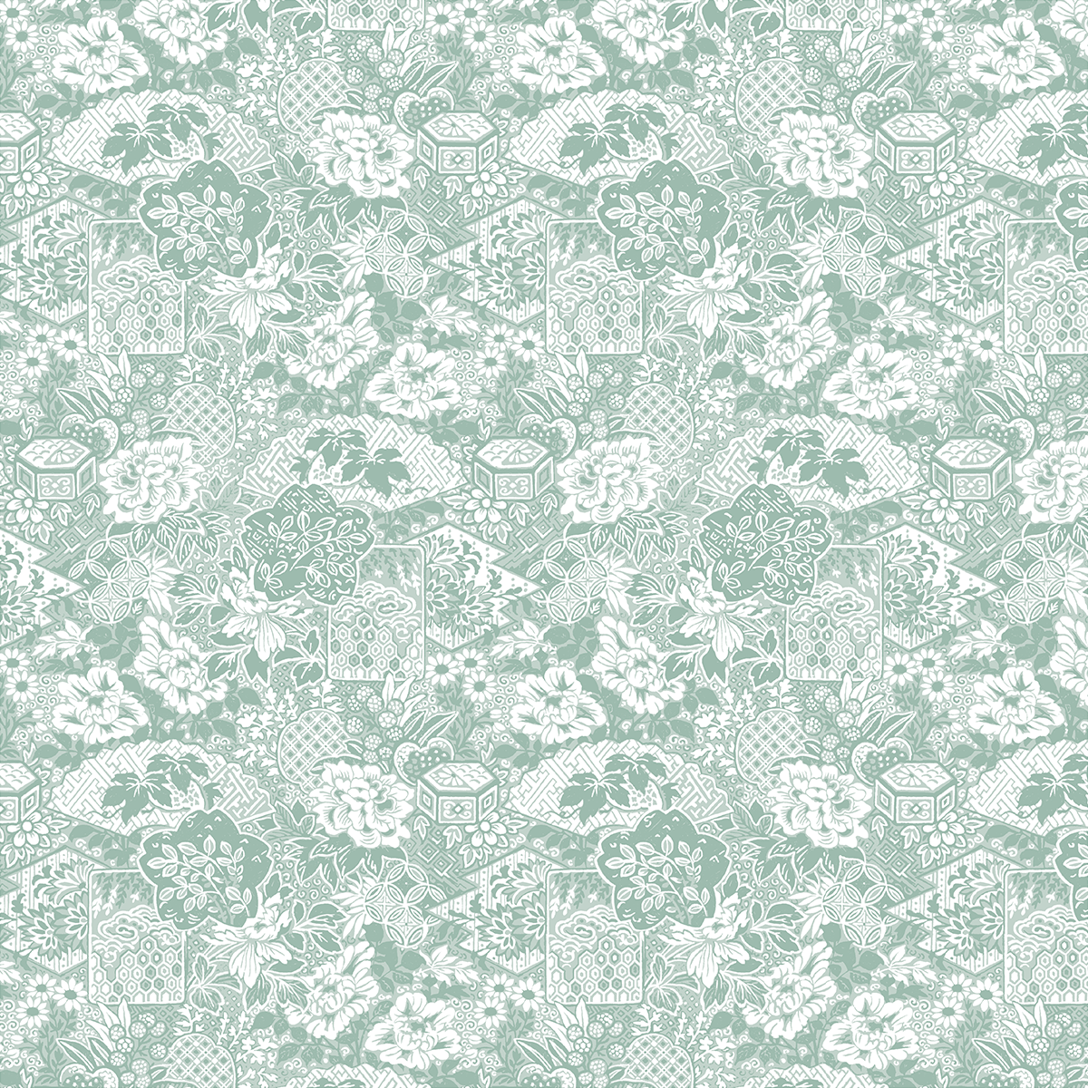 The 12x12 Lian Main Floral White Text Paper (5 sheets) features a seamless light green and white floral pattern with flowers, leaves, and geometrics—perfect for archival projects or double-sided text paper use.