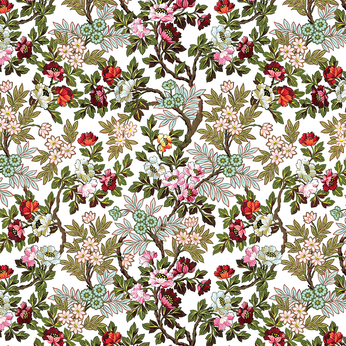 The 12x12 Lian Main Floral White Text Paper (5 sheets) features a repeating design of branches, green leaves, and pink, red, and white flowers on a white background—ideal for archival use or enhancing the Lian collection.