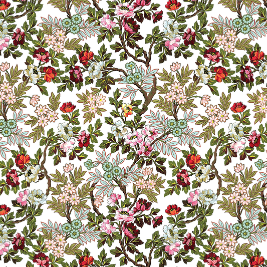 The 12x12 Lian Main Floral White Text Paper (5 sheets) features a repeating design of branches, green leaves, and pink, red, and white flowers on a white background—ideal for archival use or enhancing the Lian collection.