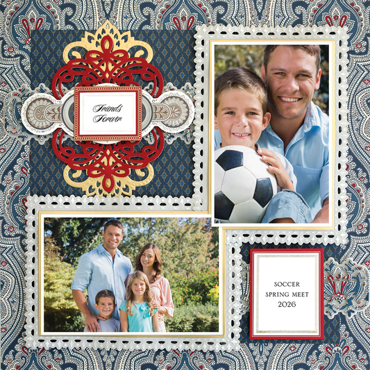 A man and two children pose outdoors with a soccer ball, joined by a woman on this "12x12 Scrapbook Page For Him Blue Paisley Left," decorated and labeled "Soccer Spring Meet 2026" and "Friends Forever.