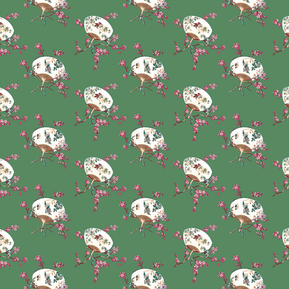 The 12x12 Lian Fans Green Cardstock (5 sheets) features a seamless pattern of white floral parasols and pink cherry blossoms on a green background—ideal for double-sided cardstock or archival projects.