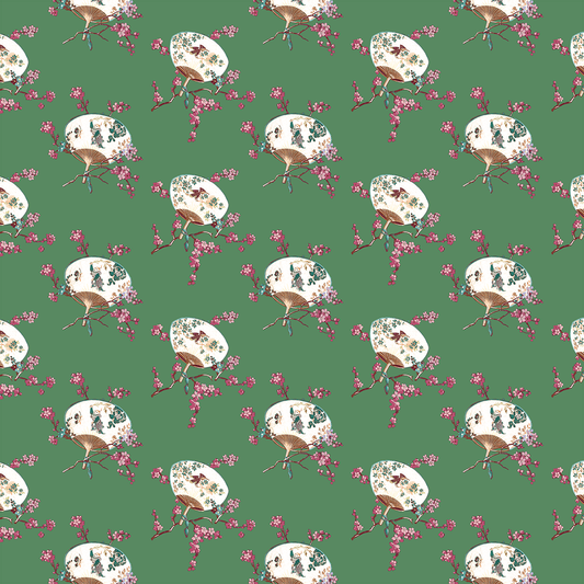 The 12x12 Lian Fans Green Cardstock (5 sheets) features a seamless pattern of white floral parasols and pink cherry blossoms on a green background—ideal for double-sided cardstock or archival projects.