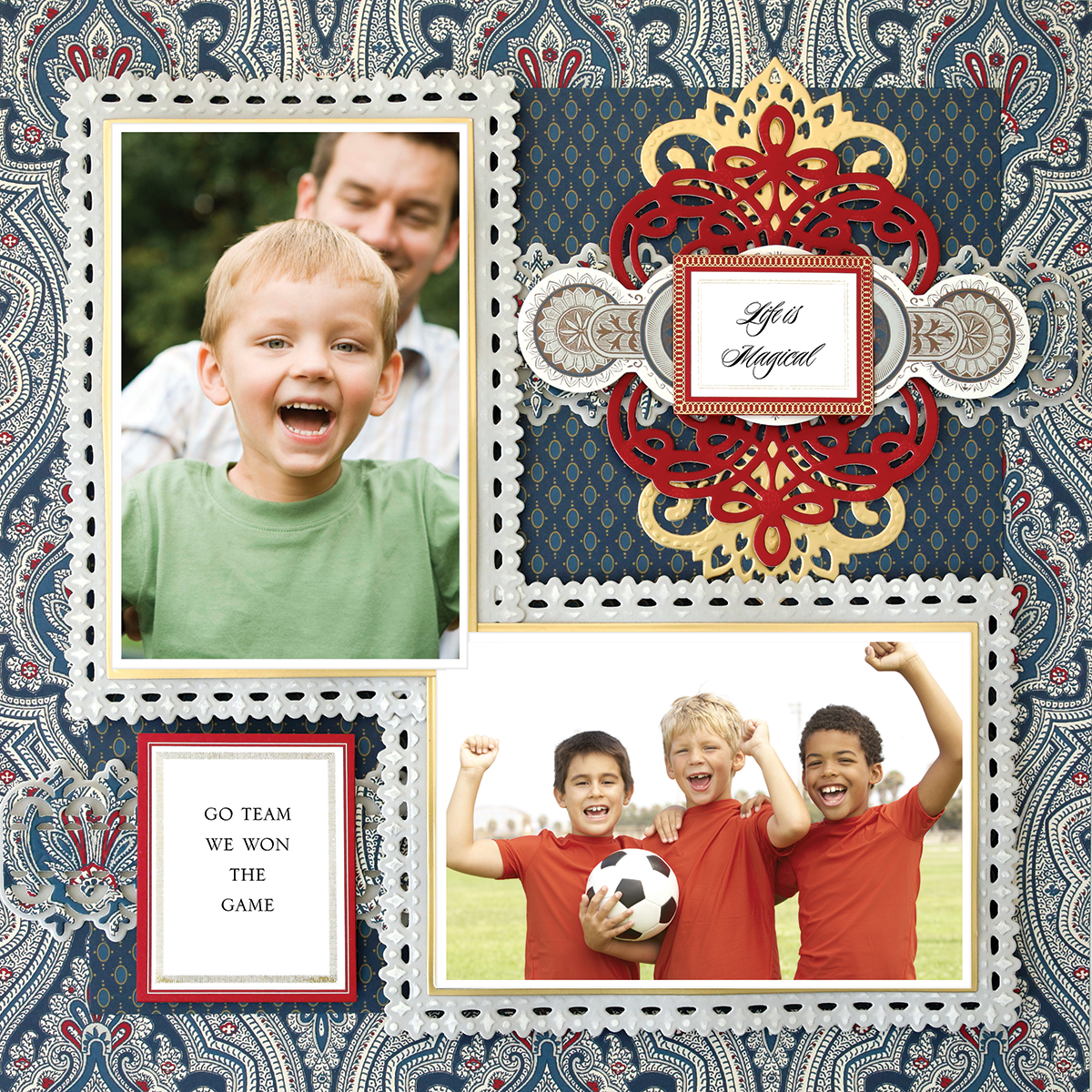 The 12x12 Scrapbook Page For Him Blue Paisley Right features ornate borders, children smiling—one with a soccer ball—and the phrases “Go Team We Won The Game” and “Life’s Magical.”.