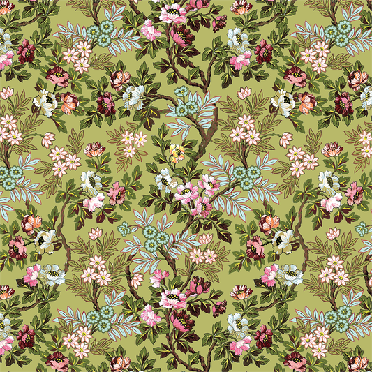 The 12x12 Lian Main Floral Green Cardstock (5 sheets) features a seamless floral pattern with flowers and green leaves on a light olive background—ideal for archival use or double-sided cardstock projects.