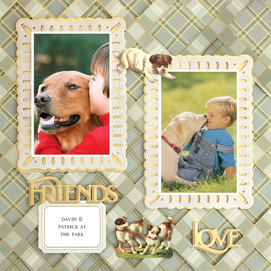 The "12x12 Scrapbook Page For Him Sage Plaid Left" features two framed photos—one of a child hugging a dog and another of a boy with a dog at the park—accented by decorative dog stickers, "FRIENDS," "LOVE" text, and a photo-realistic patterned background.