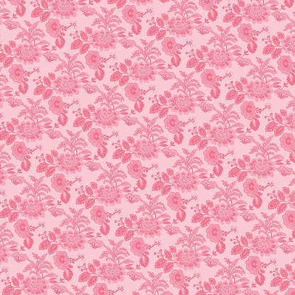 The 12x12 Lian Fans White Cardstock (5 sheets) features a vintage-inspired, symmetrical pink floral pattern with bouquets of flowers, leaves, and branches on a light pink background—ideal for double-sided cardstock and archival projects.