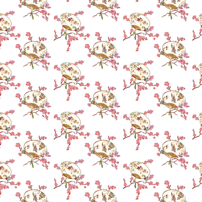 Repeating pattern of vintage teacups with cherry blossoms from the 12x12 Lian Fans White Cardstock (5 sheets), double-sided and archival-safe—ideal for elegant crafts against a crisp white background.