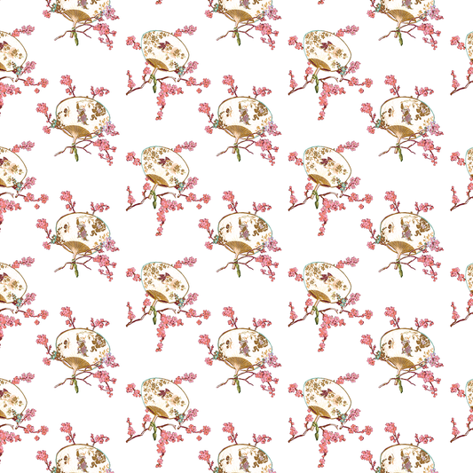 Repeating pattern of vintage teacups with cherry blossoms from the 12x12 Lian Fans White Cardstock (5 sheets), double-sided and archival-safe—ideal for elegant crafts against a crisp white background.