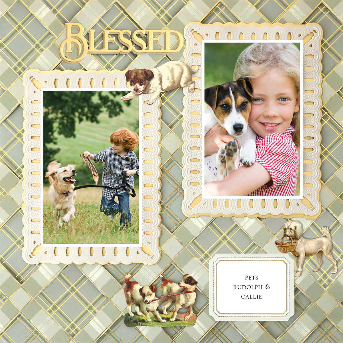 The 12x12 Scrapbook Page For Him Sage Plaid Right features two framed photos of boys with dogs, playful dog illustrations, and the word "Blessed," creating a charming and photo-realistic paper crafting design.