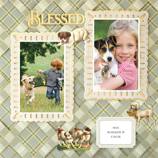 The 12x12 Scrapbook Page For Him Sage Plaid Right features two framed photos of boys with dogs, playful dog illustrations, and the word "Blessed," creating a charming and photo-realistic paper crafting design.