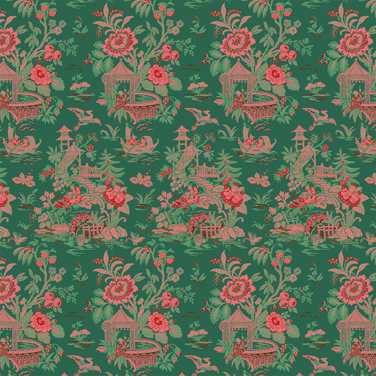 The 12x12 Lian Pagodas Green Cardstock (5 sheets) features an ornate floral and pagoda design with birds, in vibrant pink and green, double-sided for archival use.