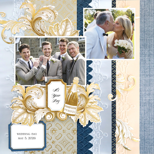 Collage of four groomsmen smiling and a couple kissing, accented by florals and "May 5, 2026," on a "12x12 Scrapbook Page For Him Blue Vertical Stripes Left" with photorealistic paper crafting.