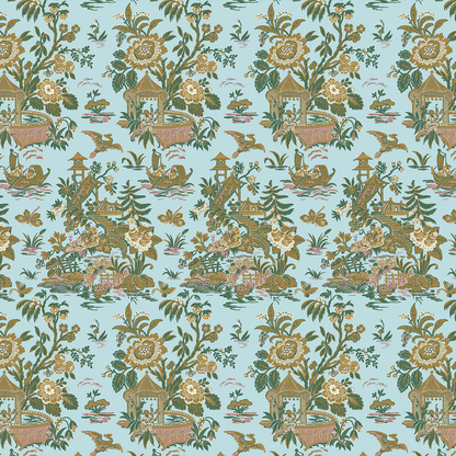 12x12 Lian Pagodas Blue Text Paper (5 sheets) features a repeating pattern of cottages, birds, trees, and flowers in soft green, brown, and yellow tones on a light blue background—perfect for custom printing or archival use.