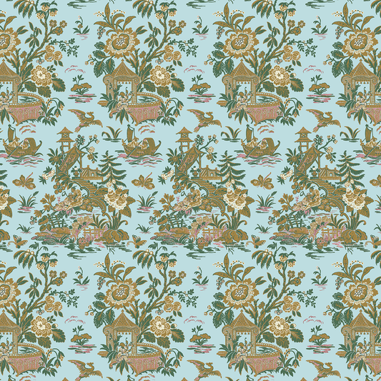 Repeating pattern of cottages, trees, flowers, birds, and butterflies in muted green, pink, and brown on a light blue background—12x12 Lian Pagodas Blue Cardstock (5 sheets), perfect for archival or double-sided projects.