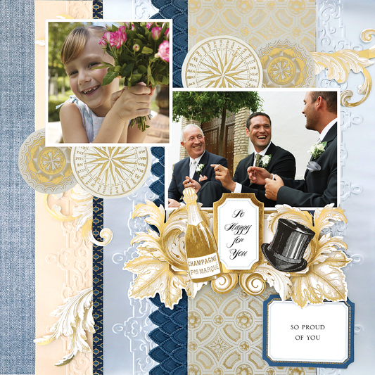 Create a photo realistic collage with a smiling child, three men in suits, florals, gold and blue patterns, and cheerful text like "So Happy for You"—designed for the 12x12 Scrapbook Page For Him Blue Vertical Stripes Right. Perfect for digital scrapbooking!.