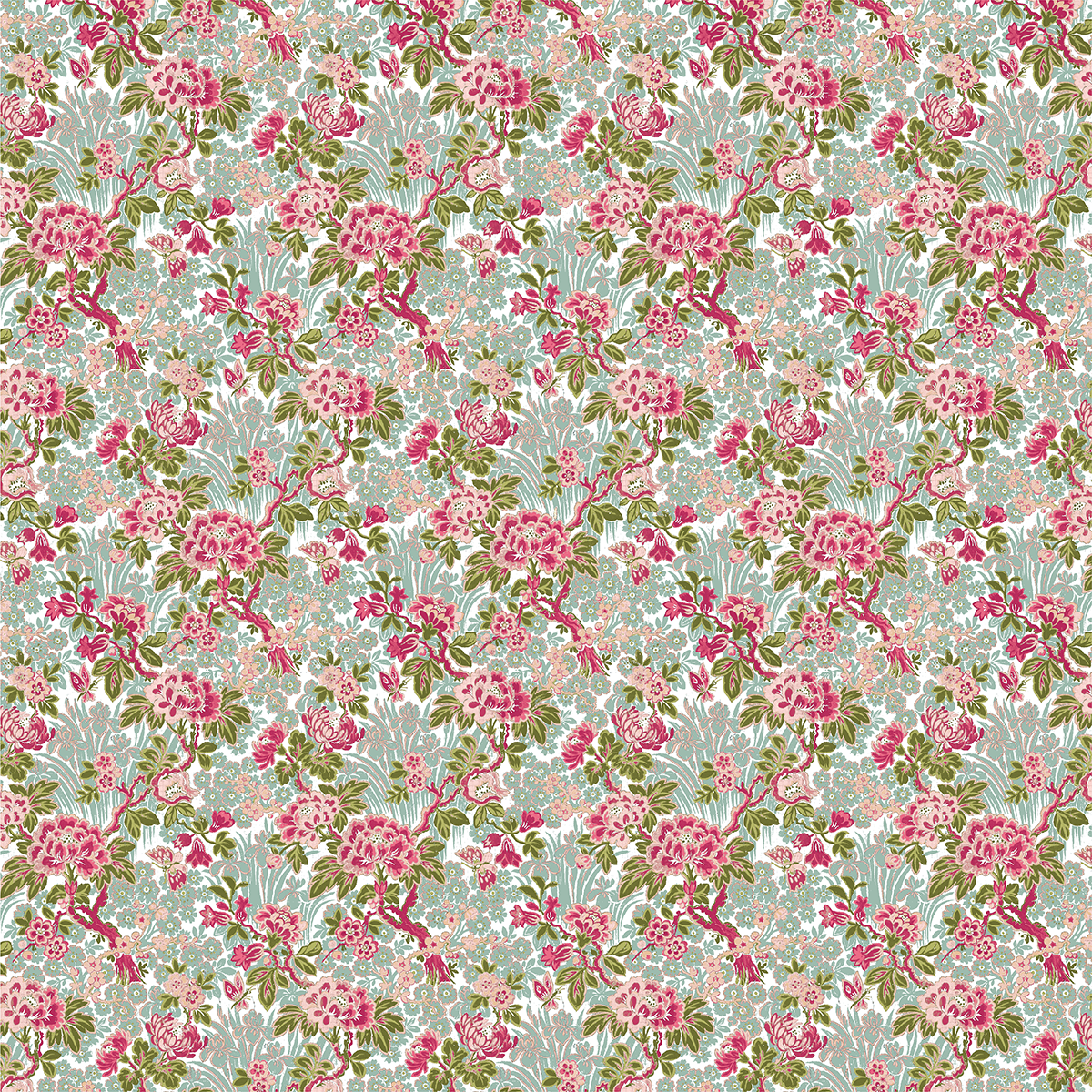 Featuring a repeating floral pattern with pink and red flowers and green leaves on a light blue background, the 12x12 Lian Floral Branches Blue Cardstock (5 sheets) is ideal for archival use or crafting projects.