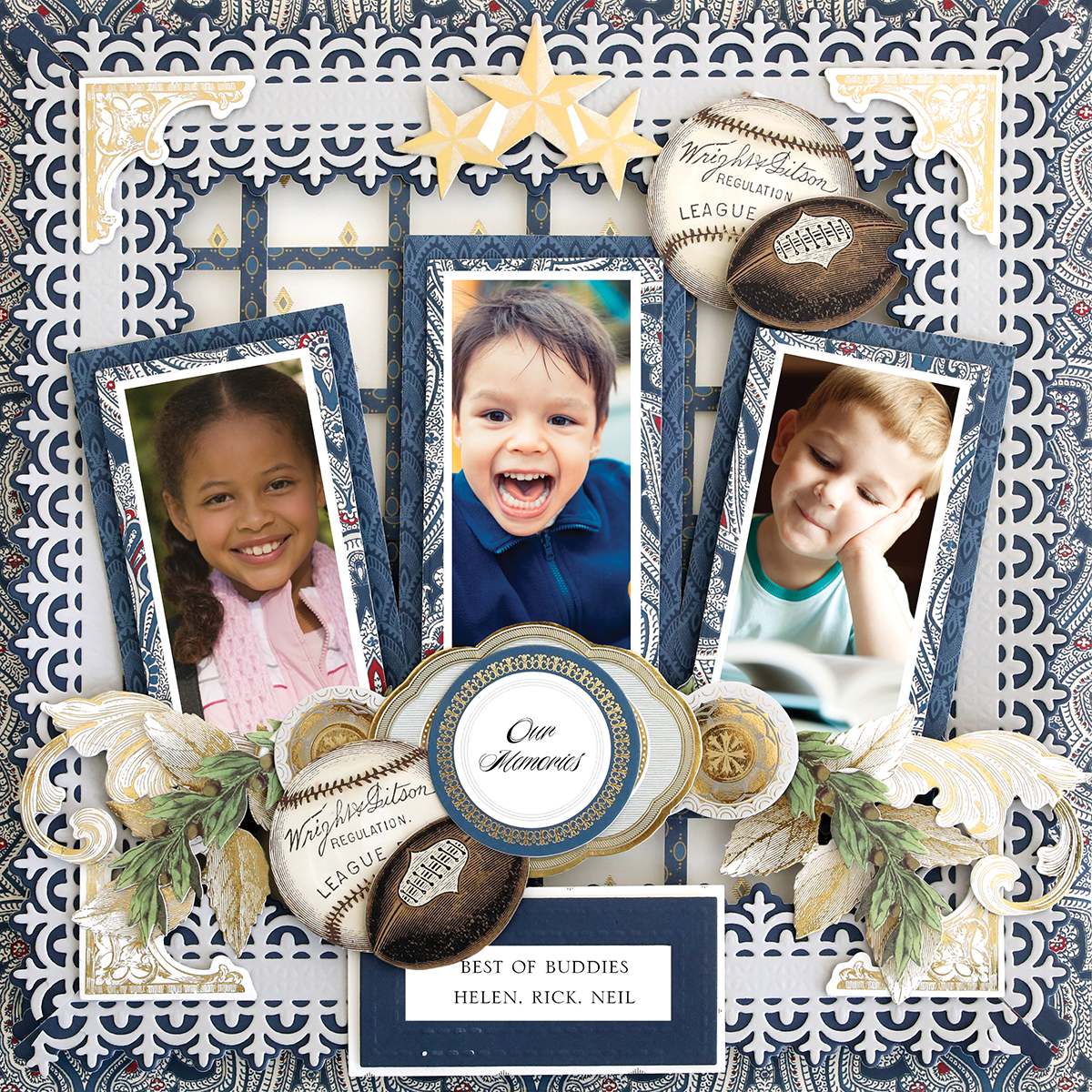 Showcase your memories with the "12x12 Scrapbook Page For Him Diecut Border Left," a photo-realistic decorative layout for three children’s photos, vintage baseballs, ornate frames, and labeled “Our Memories” and “Best of Buddies: Helen, Rick, Neil.”.